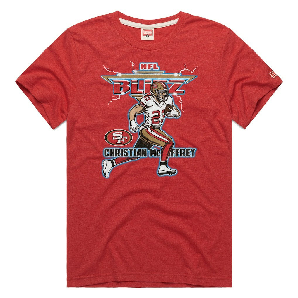 Christian McCaffrey San Francisco 49ers Homage Unisex NFL Blitz Player Tri-Blend T-Shirt - Heathered Scarlet T-shirts