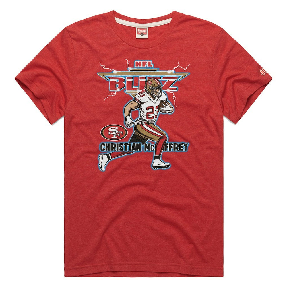 Christian McCaffrey San Francisco 49ers Homage Unisex NFL Blitz Player Tri-Blend T-Shirt - Heathered Scarlet T-shirts