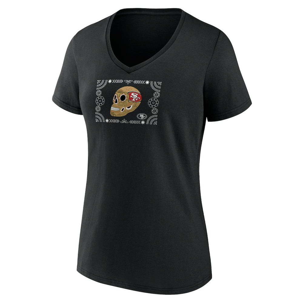 San Francisco 49ers Women's Sugar Skull V-Neck T-Shirt - Black T-shirts