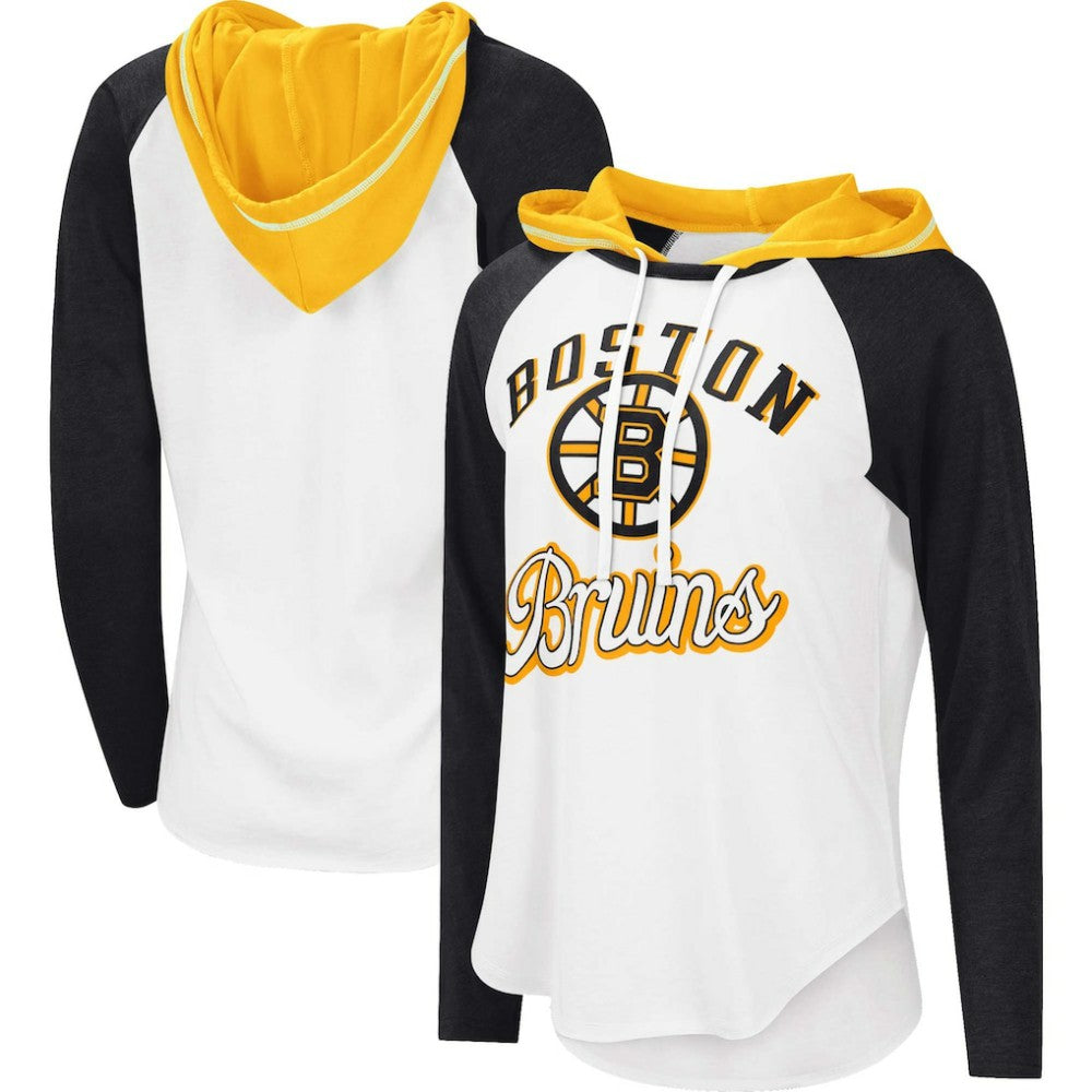 Boston Bruins G-III 4Her by Carl Banks Women's MVP Raglan Lightweight Hooded T-Shirt - White/Heather Black | US 5271954