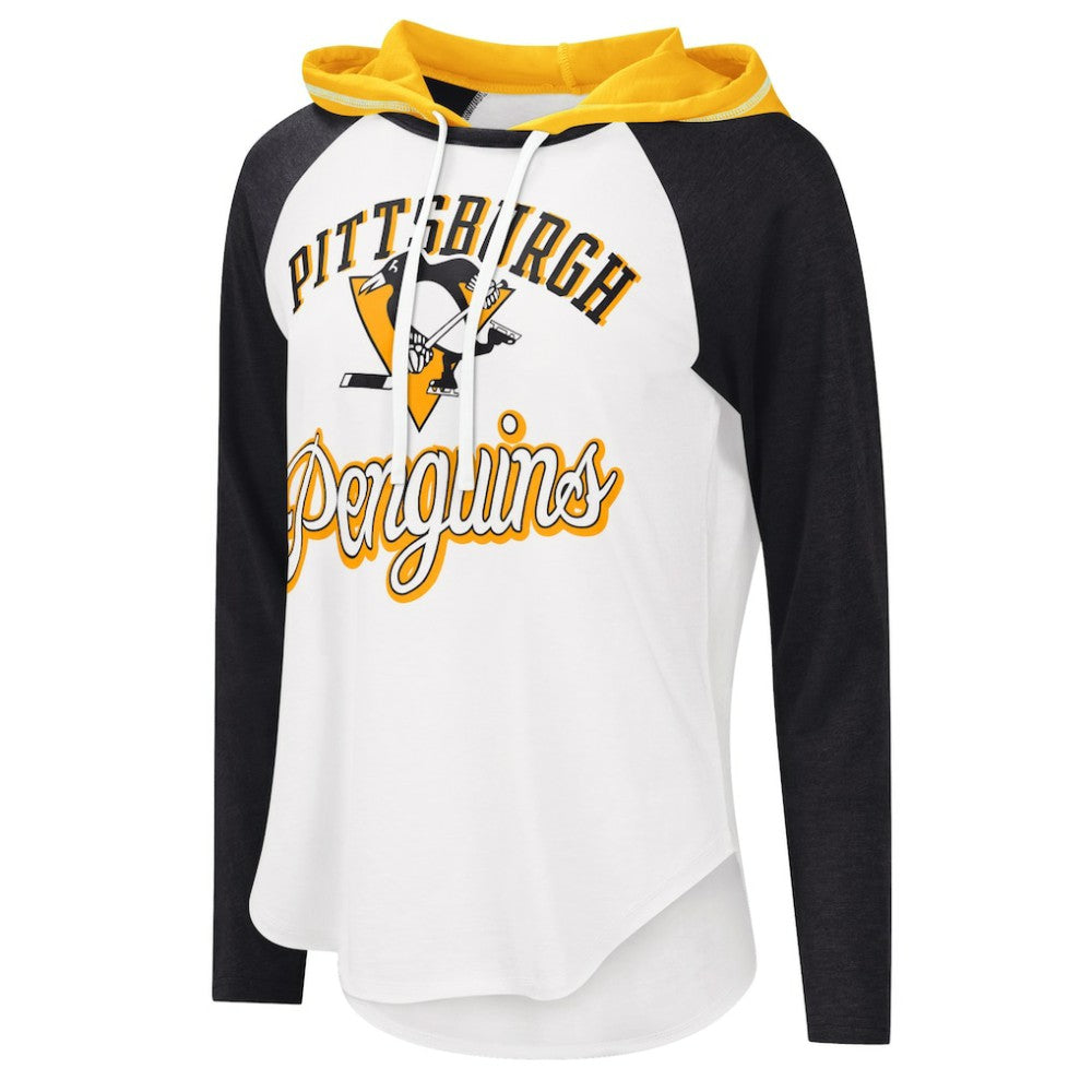 Pittsburgh Penguins G-III 4Her by Carl Banks Women's MVP Raglan Lightweight Hooded T-Shirt - White/Heather Black | US 5271970