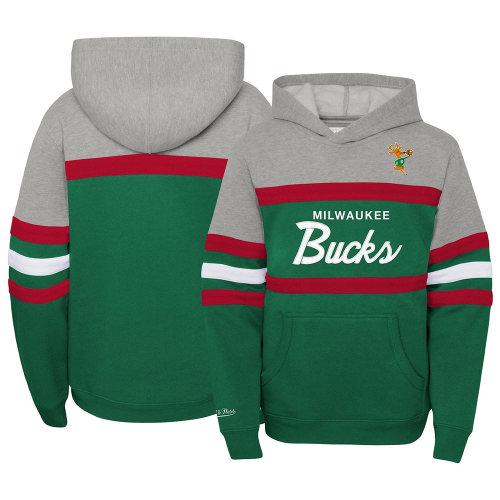 Milwaukee Bucks Youth Hardwood Classics Head Coach Pullover Hoodie Green/Heather Gray - Mitchell & Ness