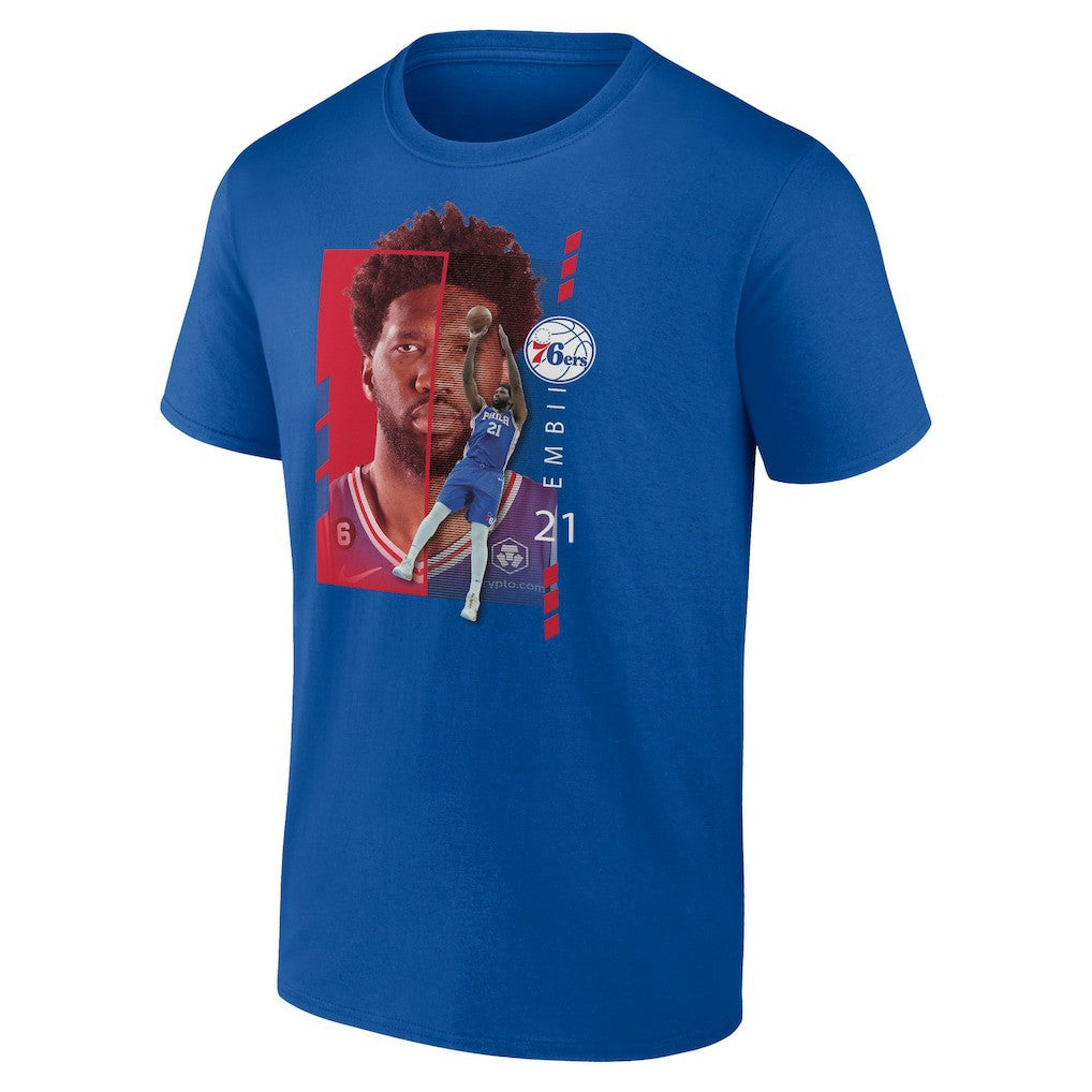 Joel Embiid Philadelphia 76ers Player Name & Number Jump Pass T-shirt Royal