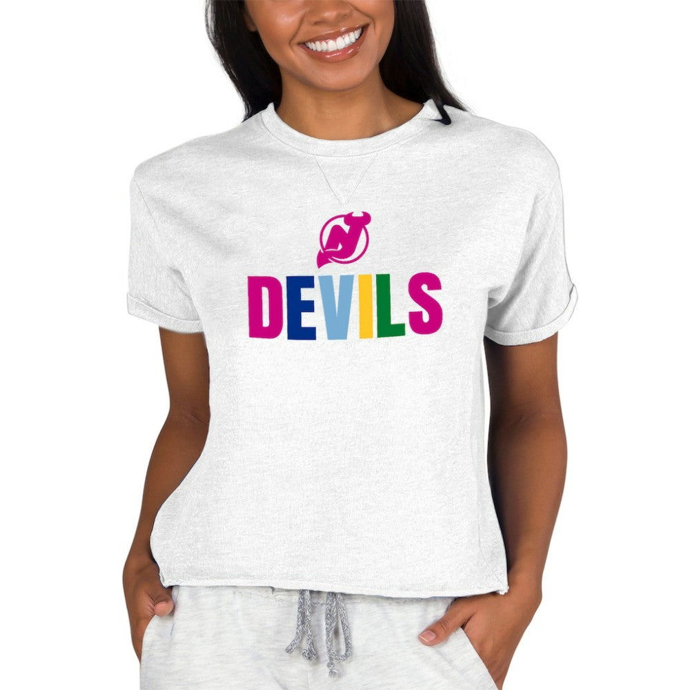 New Jersey Devils Concepts Sport Women's Tri-Blend Mainstream Terry Short Sleeve Sweatshirt Top - Oatmeal | US 5294983