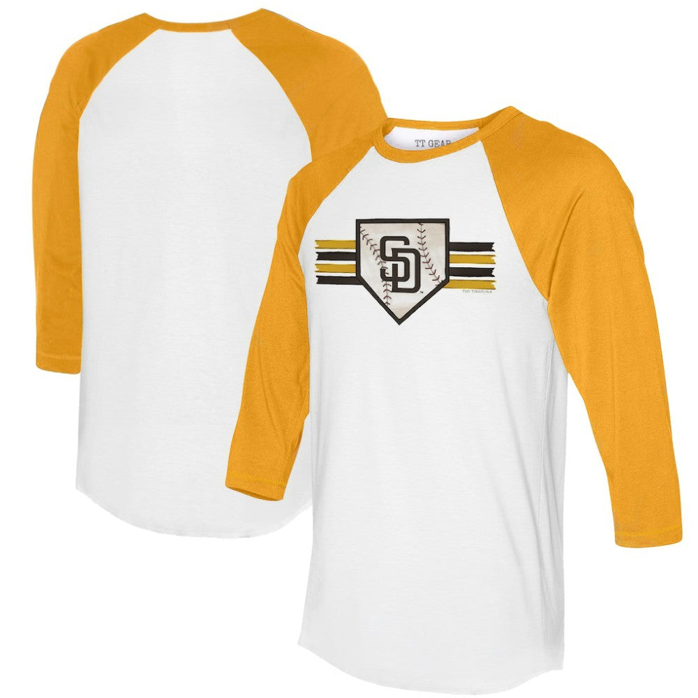 San Diego Padres Tiny Turnip Women's Base Stripe 3/4-Sleeve Raglan T-Shirt - White/Gold T-shirts