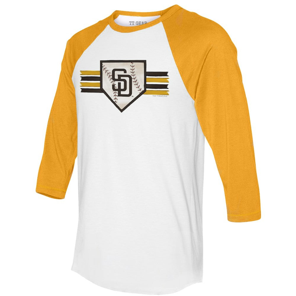 San Diego Padres Tiny Turnip Women's Base Stripe 3/4-Sleeve Raglan T-Shirt - White/Gold T-shirts