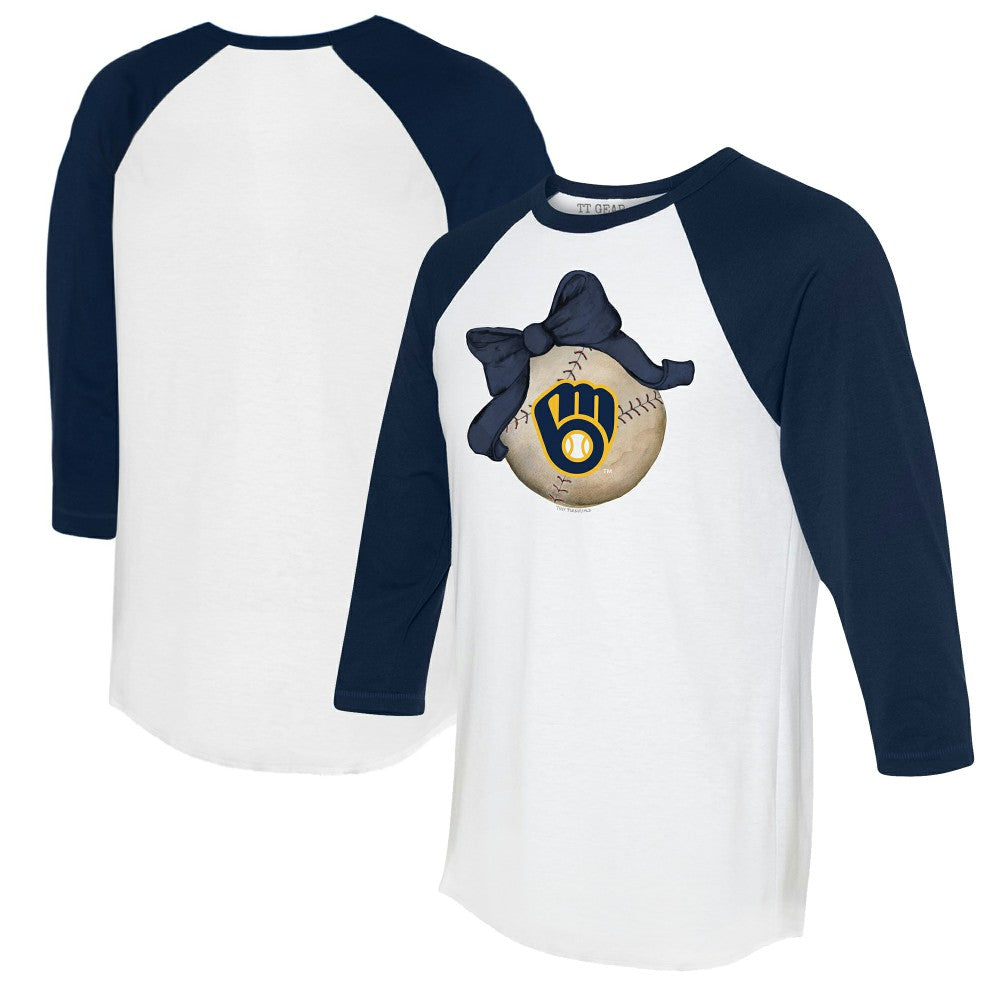 Milwaukee Brewers Tiny Turnip Women's Baseball Bow 3/4-Sleeve Raglan T-Shirt - White/Navy T-shirts