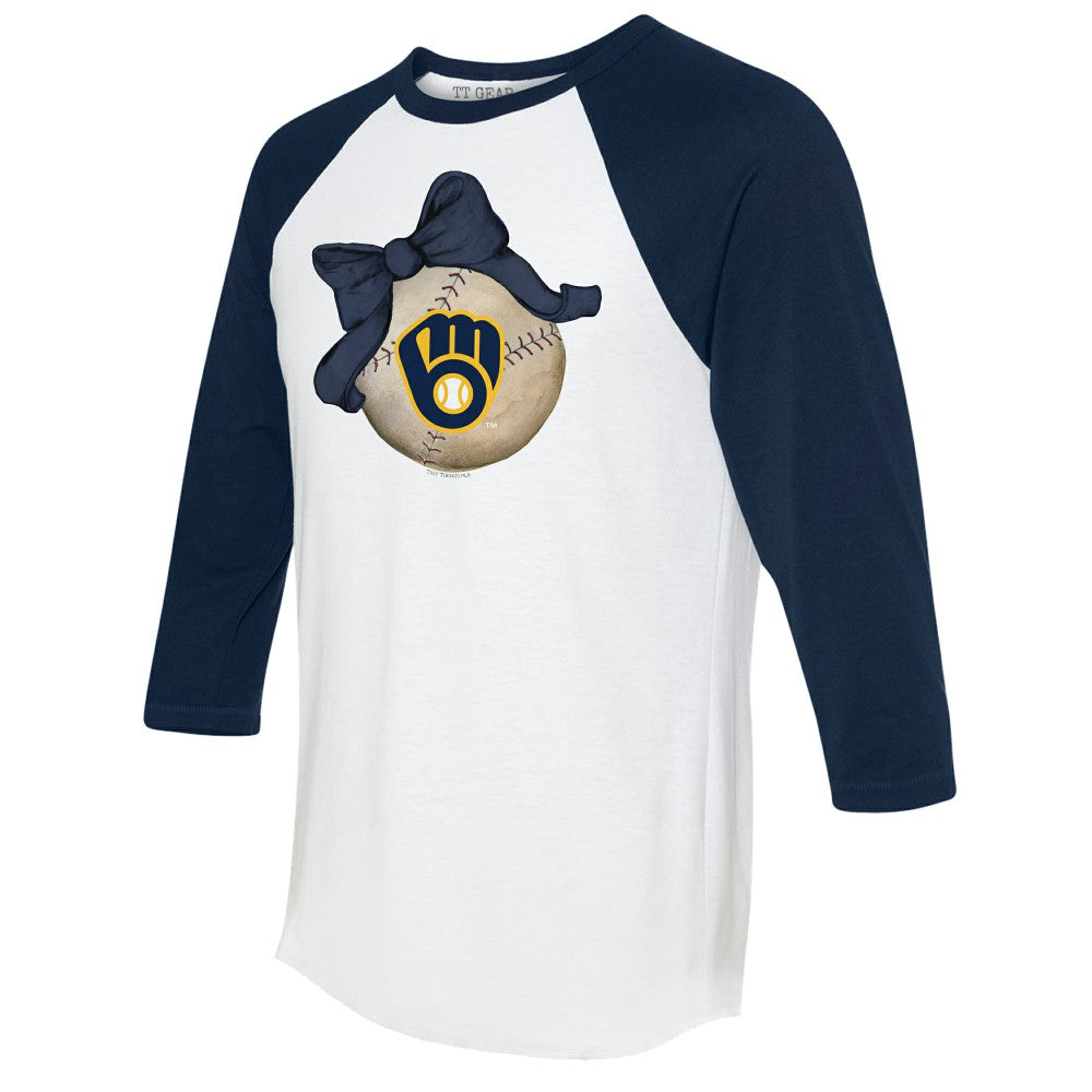 Milwaukee Brewers Tiny Turnip Women's Baseball Bow 3/4-Sleeve Raglan T-Shirt - White/Navy T-shirts