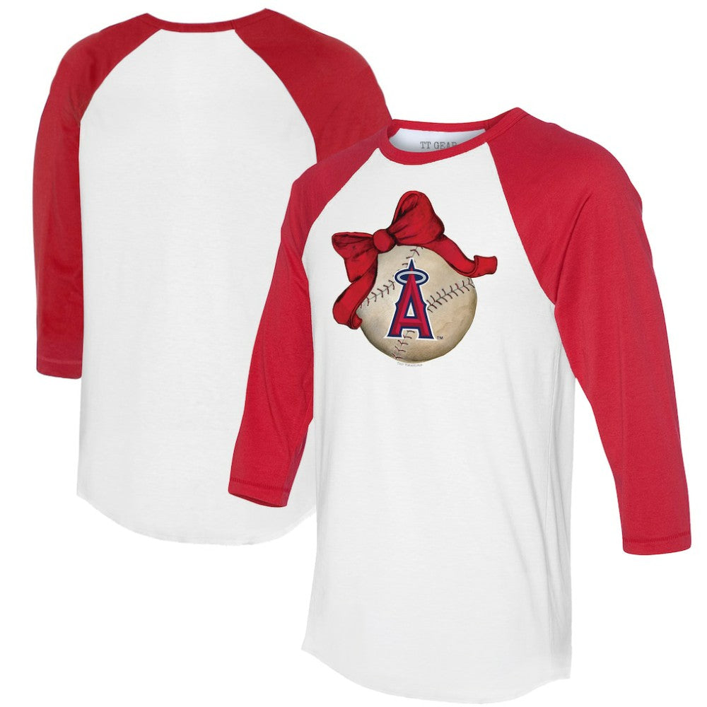 Los Angeles Angels Tiny Turnip Women's Baseball Bow 3/4-Sleeve Raglan T-Shirt - White/Red T-shirts