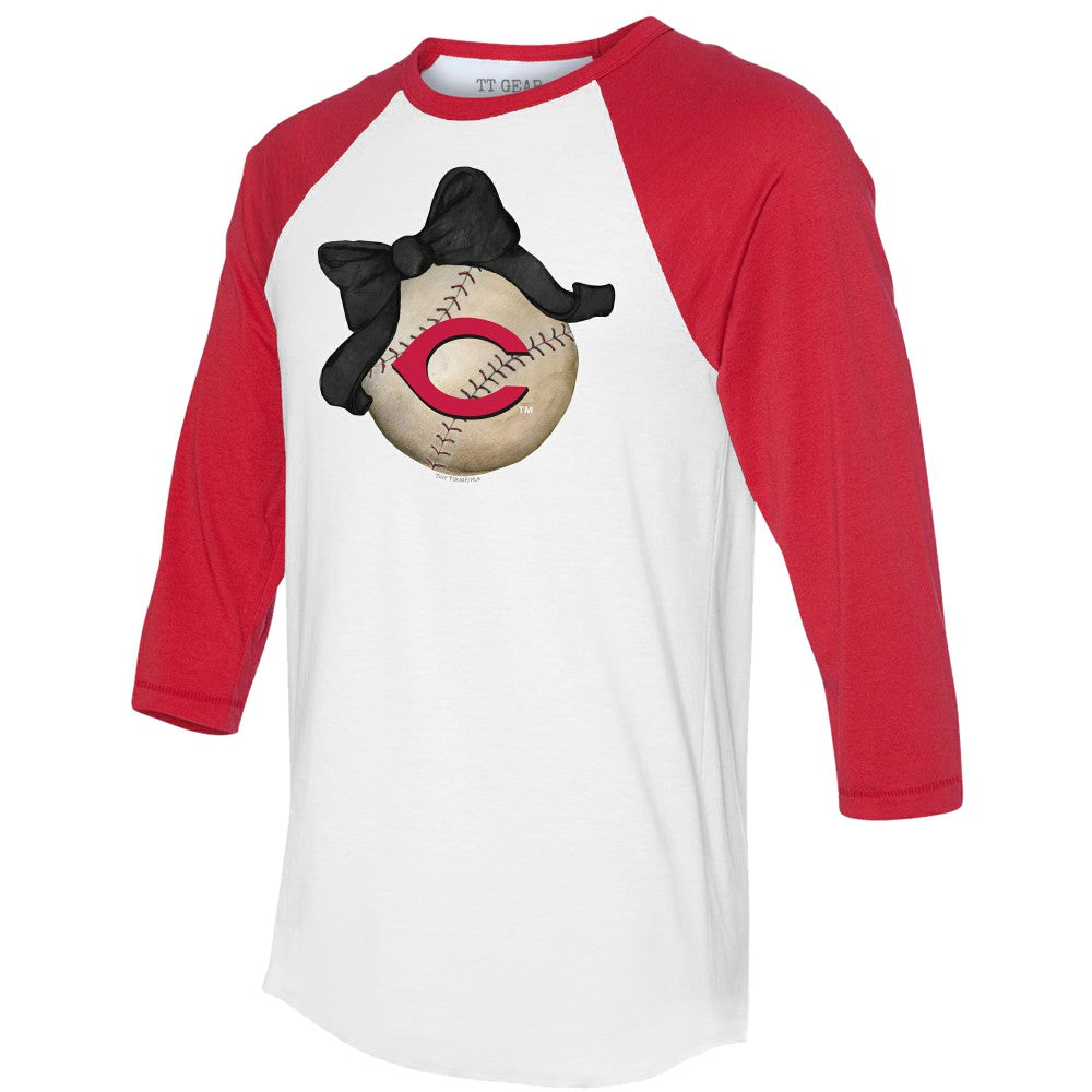 Cincinnati Reds Tiny Turnip Women's Baseball Bow 3/4-Sleeve Raglan T-Shirt - White/Red T-shirts