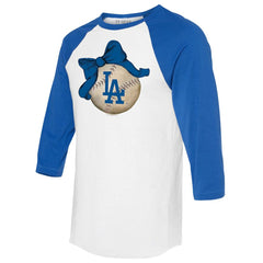 Los Angeles Dodgers Tiny Turnip Women's Baseball Bow 3/4-Sleeve Raglan T-Shirt - White/Royal T-shirts