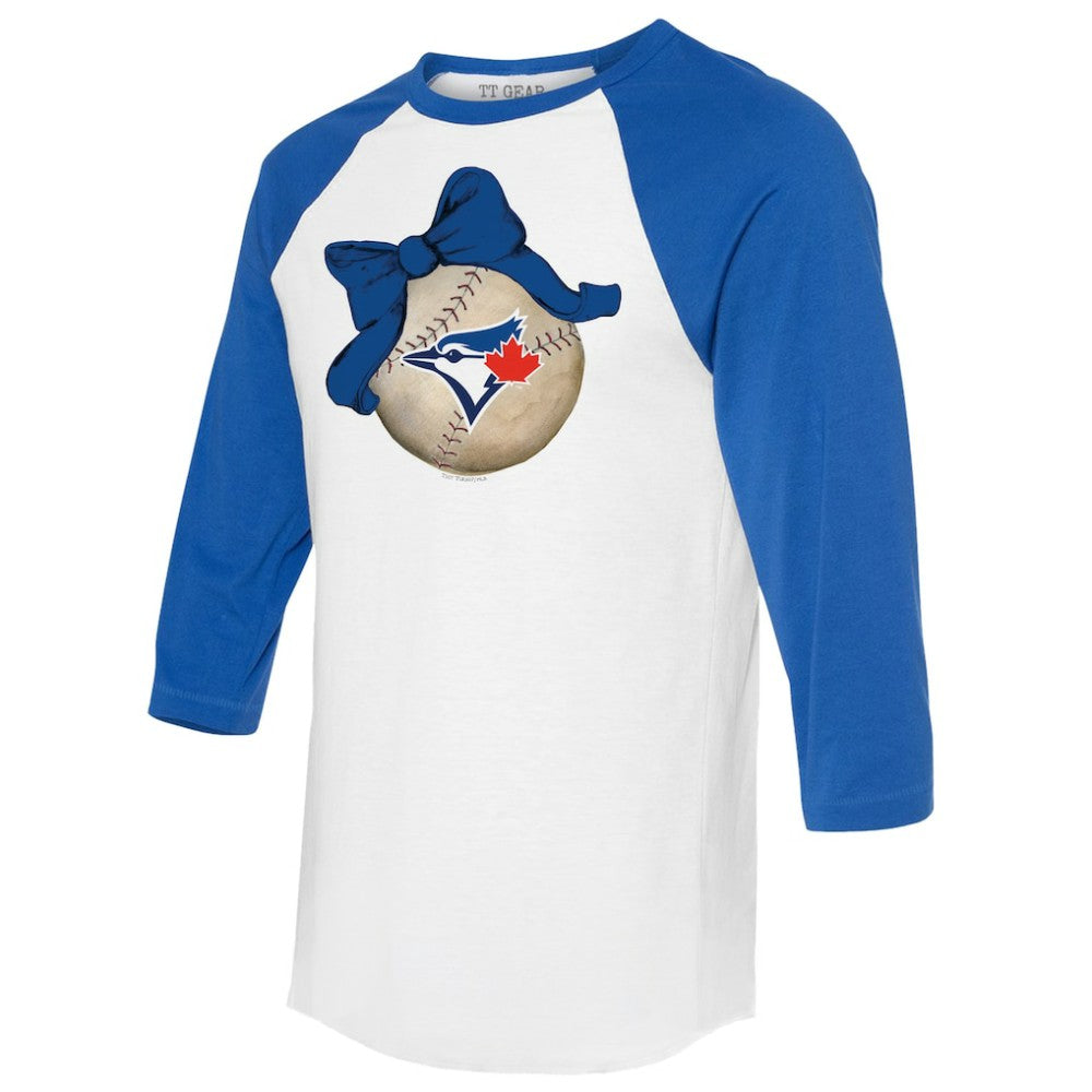 Toronto Blue Jays Tiny Turnip Women's Baseball Bow 3/4-Sleeve Raglan T-Shirt - White/Royal T-shirts
