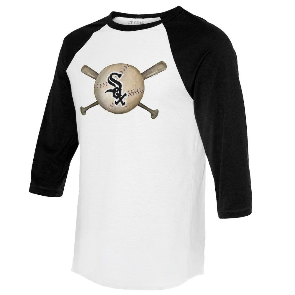 Chicago White Sox Tiny Turnip Women's Baseball Cross Bats 3/4-Sleeve Raglan T-Shirt - White/Black T-shirts
