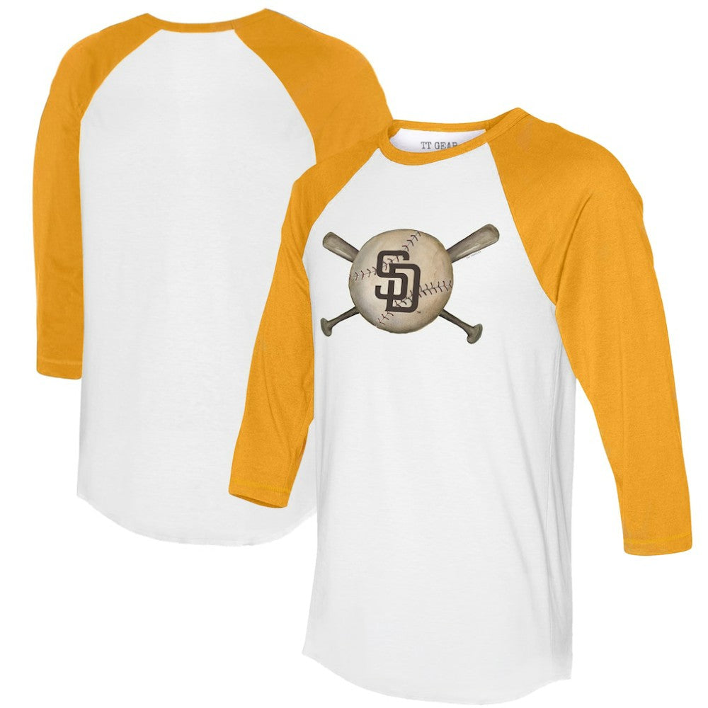 San Diego Padres Tiny Turnip Women's Baseball Cross Bats 3/4-Sleeve Raglan T-Shirt - White/Gold T-shirts