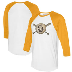 San Diego Padres Tiny Turnip Women's Baseball Cross Bats 3/4-Sleeve Raglan T-Shirt - White/Gold T-shirts