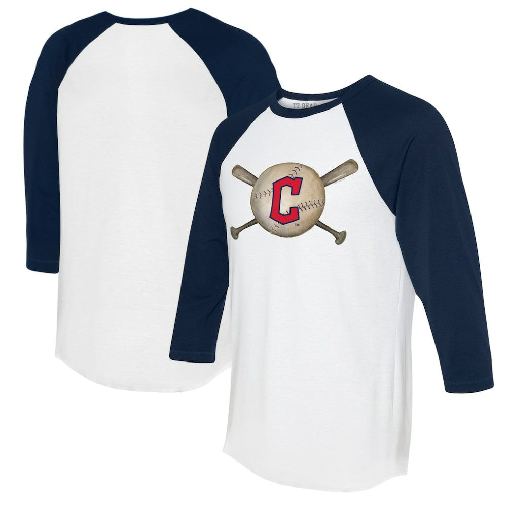 Cleveland Guardians Tiny Turnip Women's Baseball Cross Bats 3/4-Sleeve Raglan T-Shirt - White/Navy T-shirts