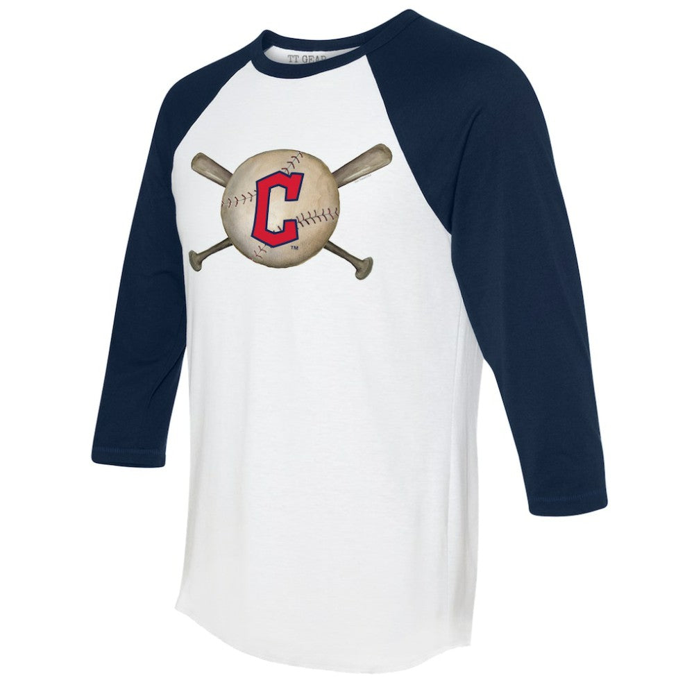 Cleveland Guardians Tiny Turnip Women's Baseball Cross Bats 3/4-Sleeve Raglan T-Shirt - White/Navy T-shirts