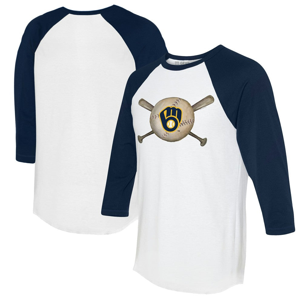 Milwaukee Brewers Tiny Turnip Women's Baseball Cross Bats 3/4-Sleeve Raglan T-Shirt - White/Navy T-shirts
