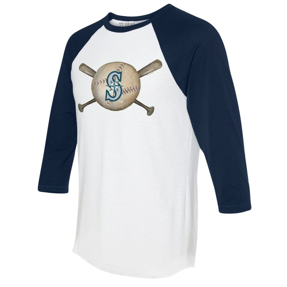 Seattle Mariners Tiny Turnip Women's Baseball Cross Bats 3/4-Sleeve Raglan T-Shirt - White/Navy T-shirts