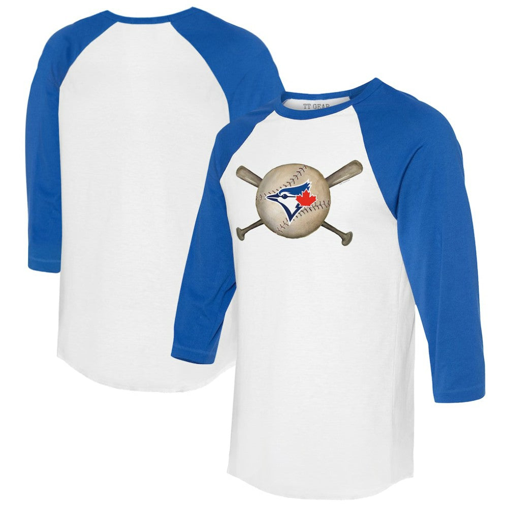 Toronto Blue Jays Tiny Turnip Women's Baseball Cross Bats 3/4-Sleeve Raglan T-Shirt - White/Royal T-shirts