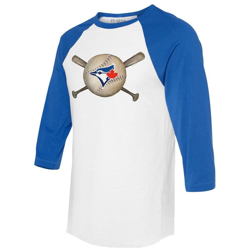 Toronto Blue Jays Tiny Turnip Women's Baseball Cross Bats 3/4-Sleeve Raglan T-Shirt - White/Royal T-shirts