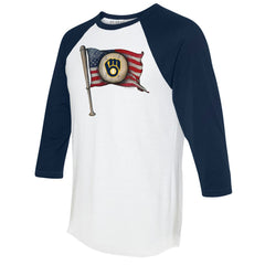 Milwaukee Brewers Tiny Turnip Women's Baseball Flag 3/4-Sleeve Raglan T-Shirt - White/Navy T-shirts