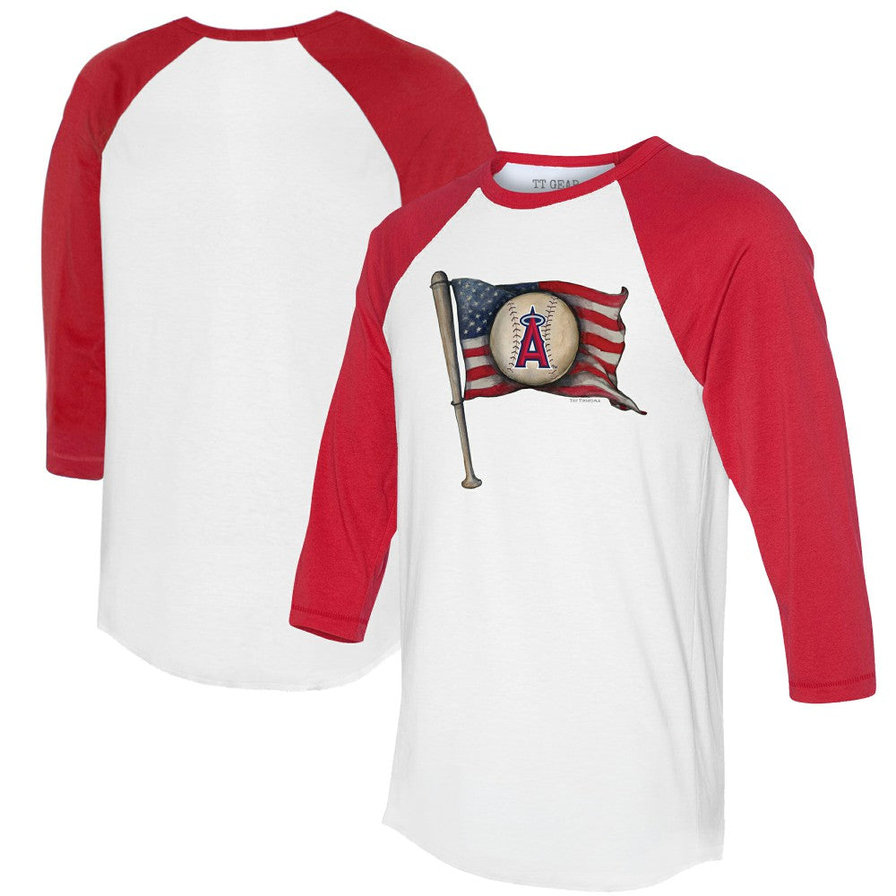 Los Angeles Angels Tiny Turnip Women's Baseball Flag 3/4-Sleeve Raglan T-Shirt - White/Red T-shirts