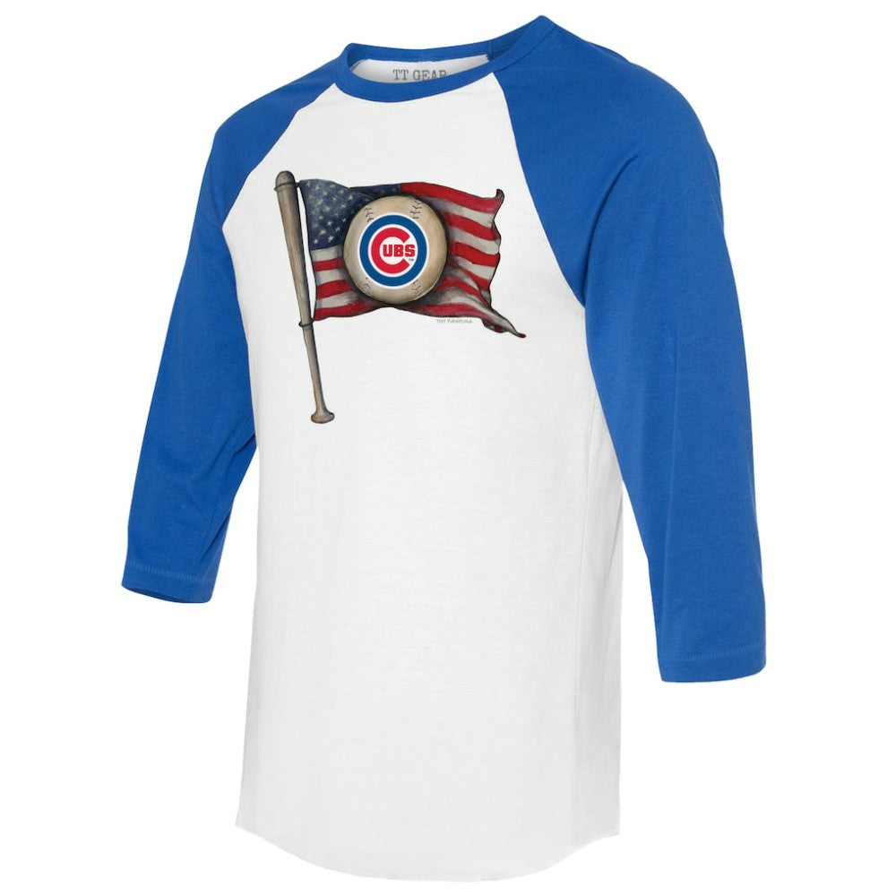 Chicago Cubs Tiny Turnip Women's Baseball Flag 3/4-Sleeve Raglan T-Shirt - White/Royal T-shirts