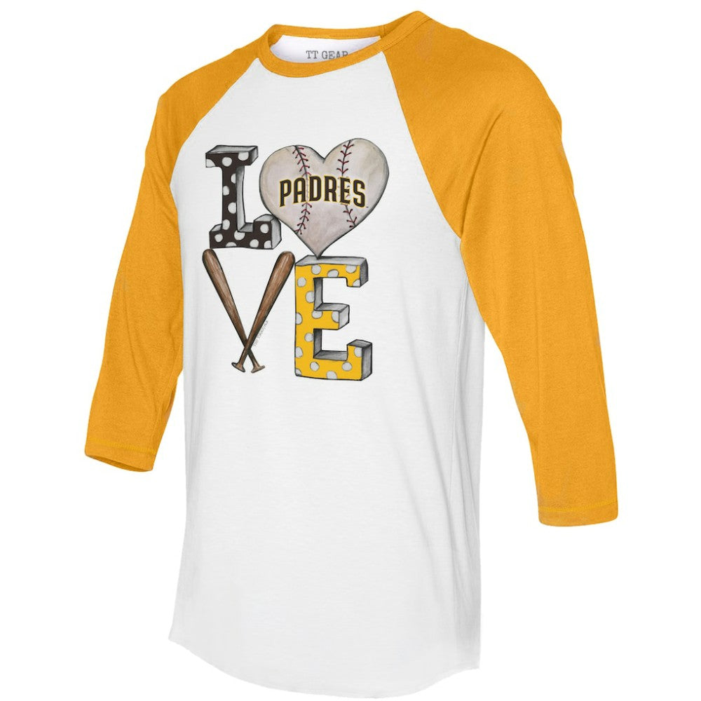 San Diego Padres Tiny Turnip Women's Baseball Love Raglan 3/4-Sleeve T-Shirt - White/Gold T-shirts