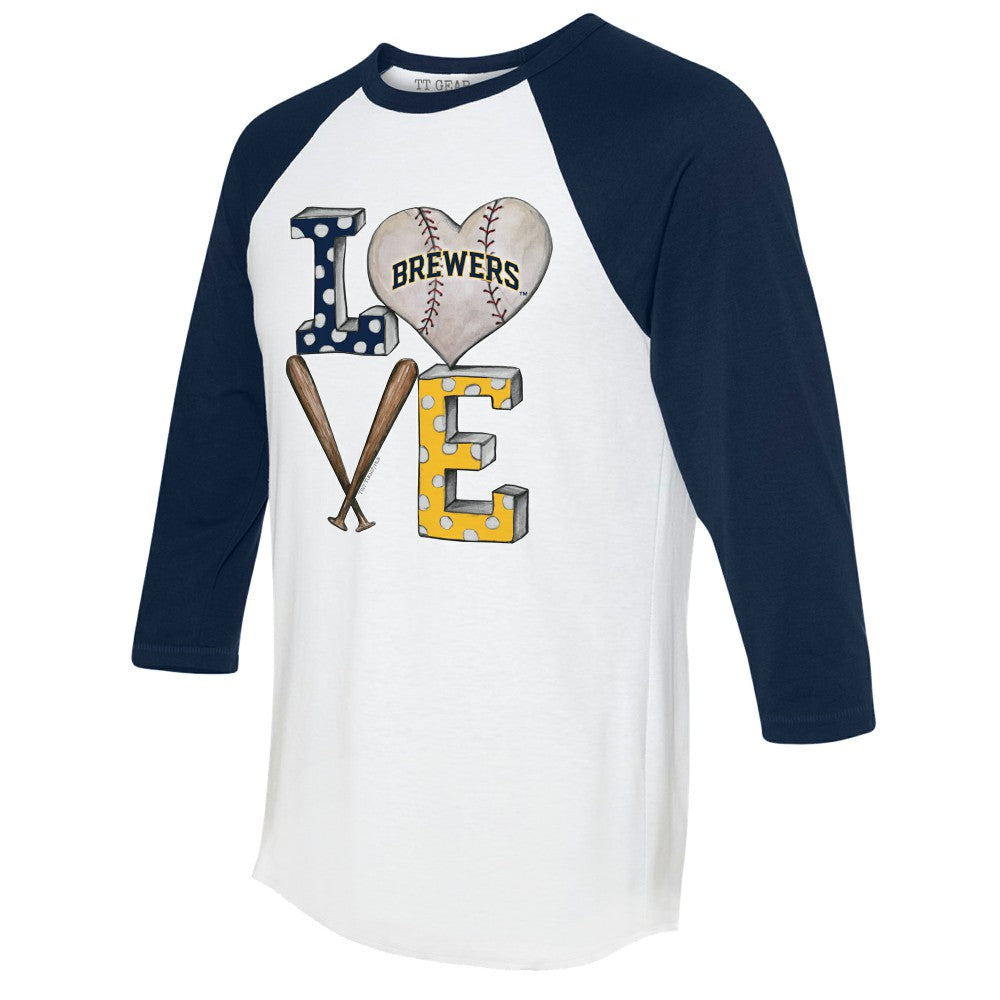 Milwaukee Brewers Tiny Turnip Women's Baseball Love Raglan 3/4-Sleeve T-Shirt - White/Navy T-shirts