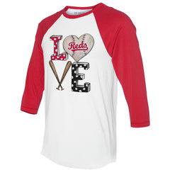 Cincinnati Reds Tiny Turnip Women's Baseball Love Raglan 3/4-Sleeve T-Shirt - White/Red T-shirts