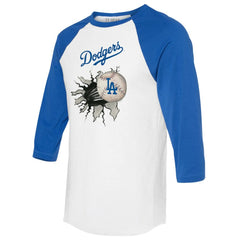 Los Angeles Dodgers Tiny Turnip Women's Baseball Tear 3/4-Sleeve Raglan T-Shirt - White/Royal T-shirts