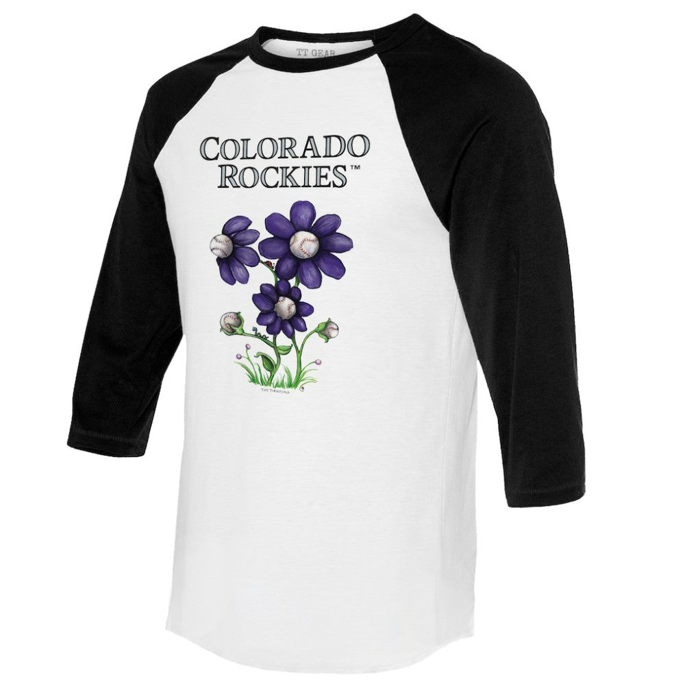 Colorado Rockies Tiny Turnip Women's Blooming Baseballs 3/4-Sleeve Raglan T-Shirt - White/Black T-shirts