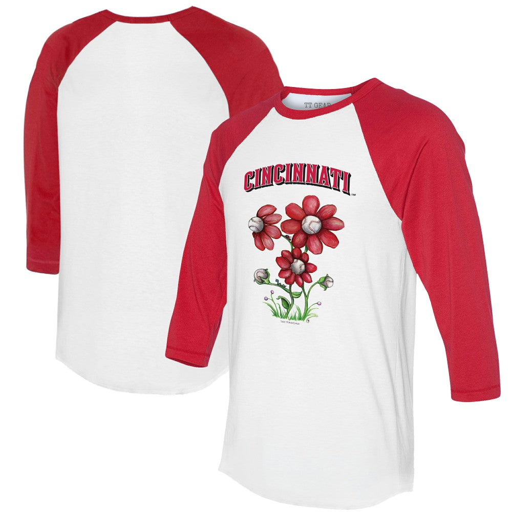 Cincinnati Reds Tiny Turnip Women's Blooming Baseballs 3/4-Sleeve Raglan T-Shirt - White/Red T-shirts