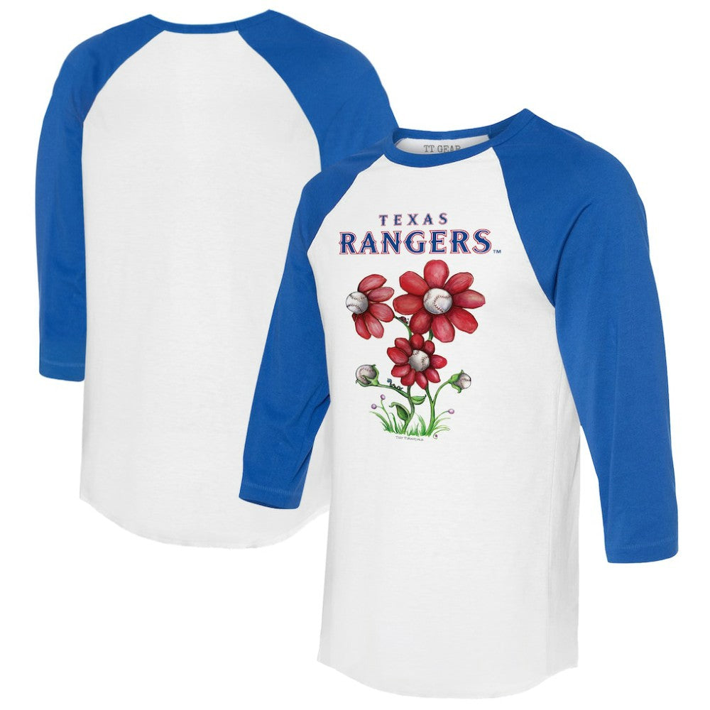 Texas Rangers Tiny Turnip Women's Blooming Baseballs 3/4-Sleeve Raglan T-Shirt - White/Royal T-shirts