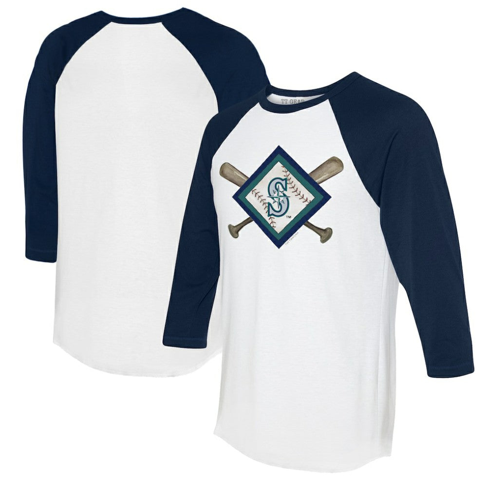 Seattle Mariners Tiny Turnip Women's Diamond Cross Bats 3/4-Sleeve Raglan T-Shirt - White/Navy T-shirts