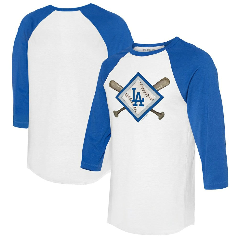 Los Angeles Dodgers Tiny Turnip Women's Diamond Cross Bats 3/4-Sleeve Raglan T-Shirt - White/Royal T-shirts