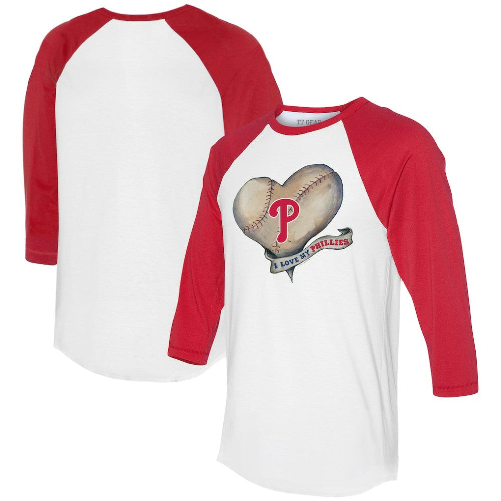 Philadelphia Phillies Tiny Turnip Women's Heart Banner 3/4-Sleeve Raglan T-Shirt - White/Red T-shirts
