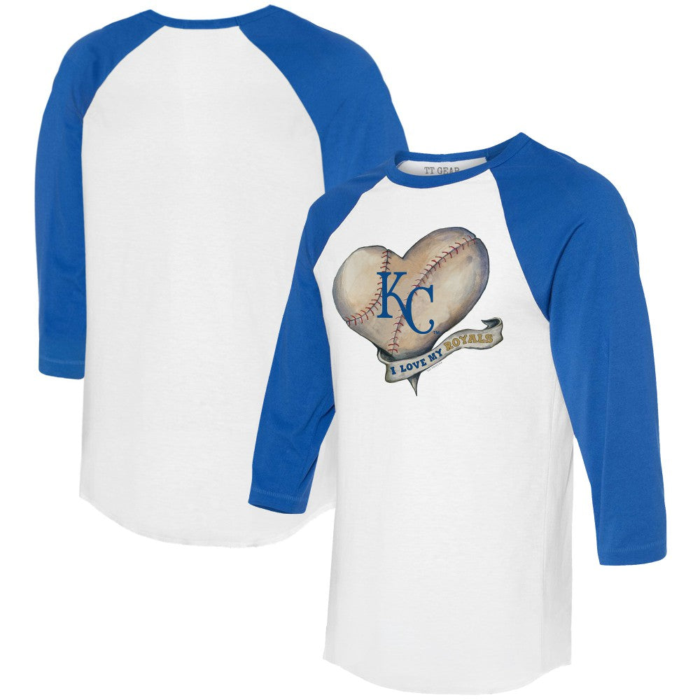 Kansas City Royals Tiny Turnip Women's Heart Banner 3/4-Sleeve Raglan T-Shirt - White/Royal T-shirts