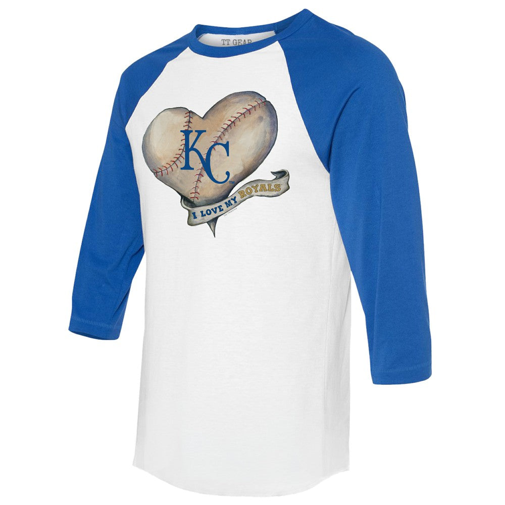 Kansas City Royals Tiny Turnip Women's Heart Banner 3/4-Sleeve Raglan T-Shirt - White/Royal T-shirts