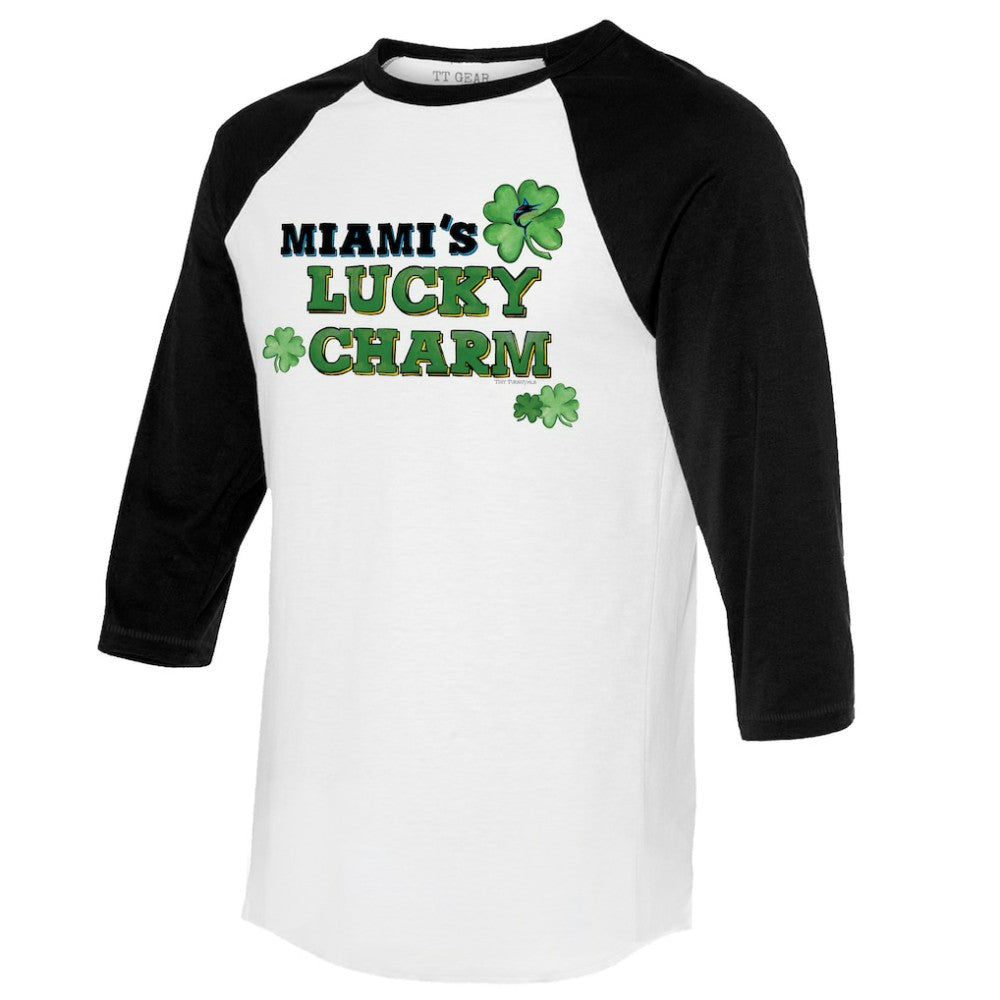 Miami Marlins Tiny Turnip Women's Lucky Charm 3/4-Sleeve Raglan T-Shirt - White/Black T-shirts