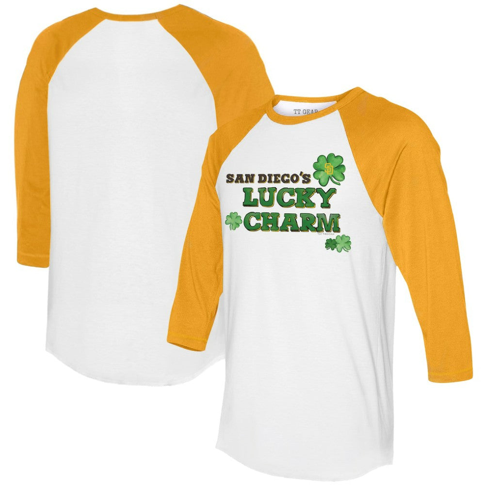 San Diego Padres Tiny Turnip Women's Lucky Charm 3/4-Sleeve Raglan T-Shirt - White/Gold T-shirts