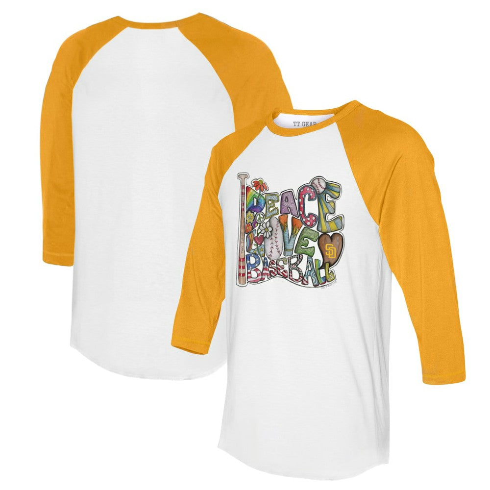 San Diego Padres Tiny Turnip Women's Peace Love Baseball 3/4-Sleeve Raglan T-Shirt - White/Gold T-shirts