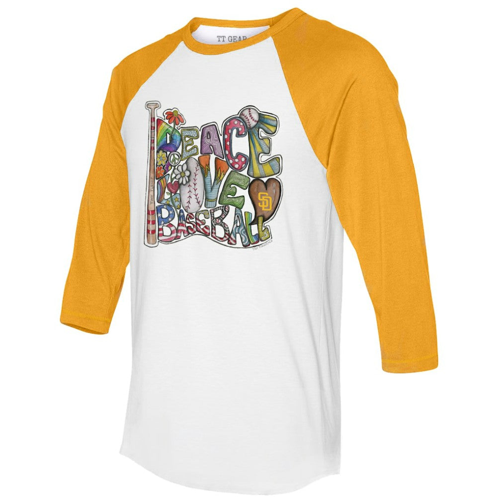 San Diego Padres Tiny Turnip Women's Peace Love Baseball 3/4-Sleeve Raglan T-Shirt - White/Gold T-shirts