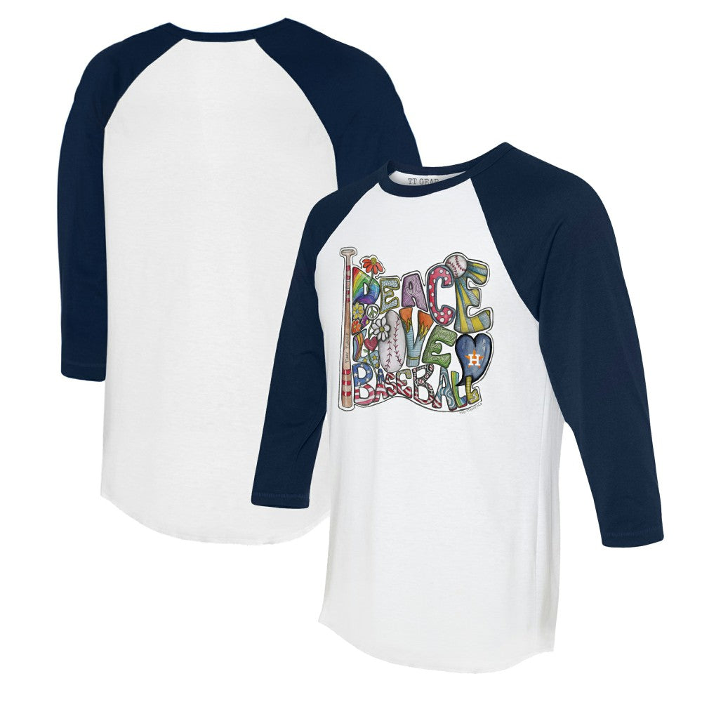 Houston Astros Tiny Turnip Women's Peace Love Baseball 3/4-Sleeve Raglan T-Shirt - White/Navy T-shirts
