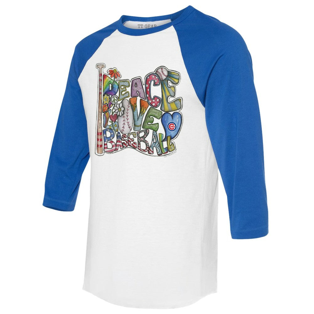 Chicago Cubs Tiny Turnip Women's Peace Love Baseball 3/4-Sleeve Raglan T-Shirt - White/Royal T-shirts