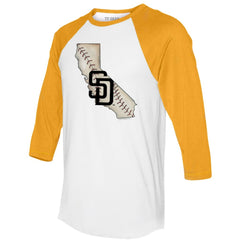 San Diego Padres Tiny Turnip Unisex State Outline 3/4-Sleeve Raglan T-Shirt - White/Gold T-shirts