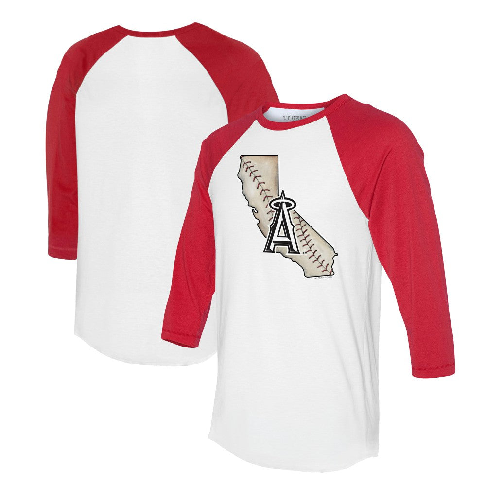 Los Angeles Angels Tiny Turnip Unisex State Outline 3/4-Sleeve Raglan T-Shirt - White/Red T-shirts
