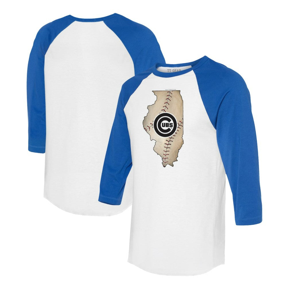 Chicago Cubs Tiny Turnip Unisex State Outline 3/4-Sleeve Raglan T-Shirt - White/Royal T-shirts