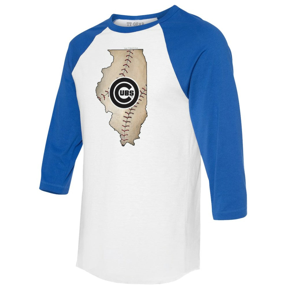 Chicago Cubs Tiny Turnip Unisex State Outline 3/4-Sleeve Raglan T-Shirt - White/Royal T-shirts